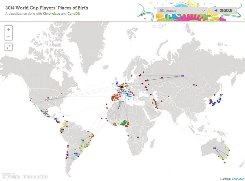 ワールドカップ登録全選手の出生地をマッピングした世界地図がおもしろい